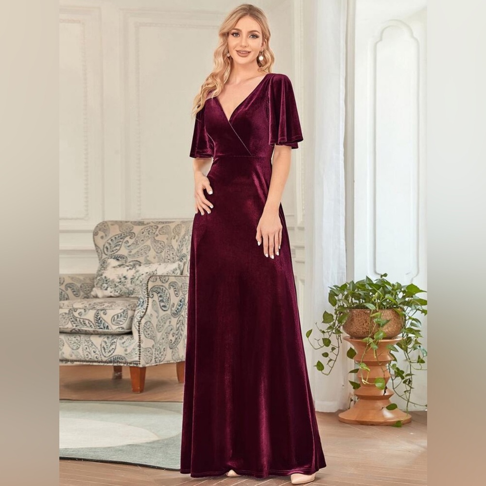 Ever Pretty Burgundy Velvet backless v-neck Ruffle Sleeve Maxi Dress size Large